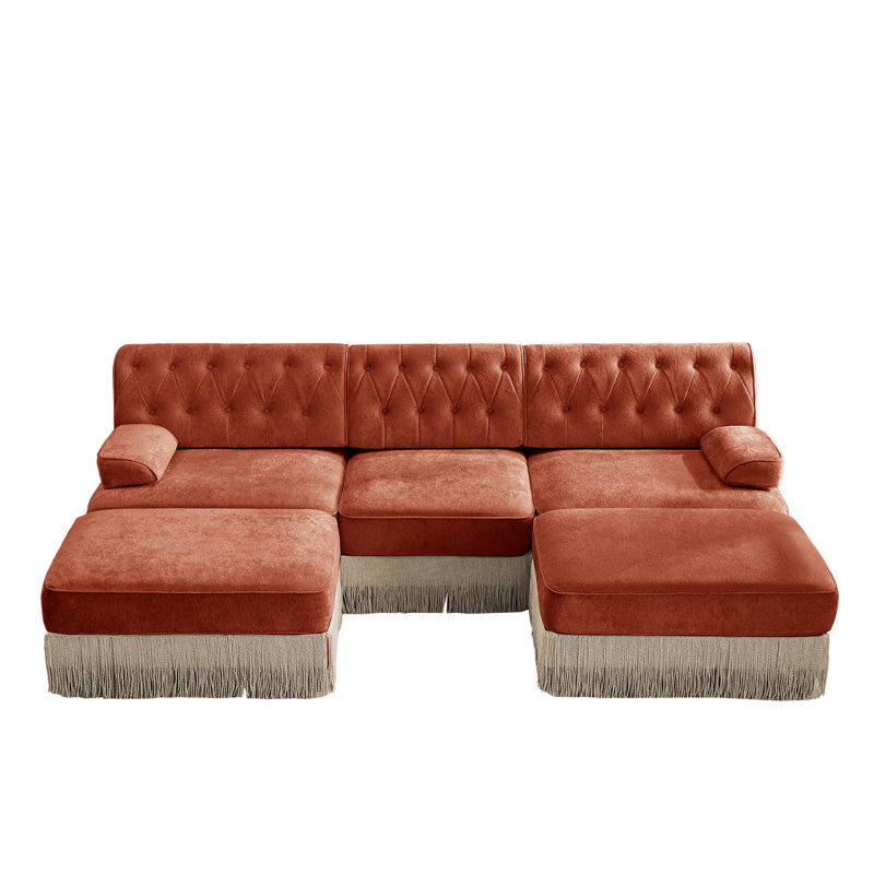 U-shaped, breathable, comfortable fringe-trimmed sofa, 34.2" H x 106.1" W x 60.3" D, Red+Brown Velvet