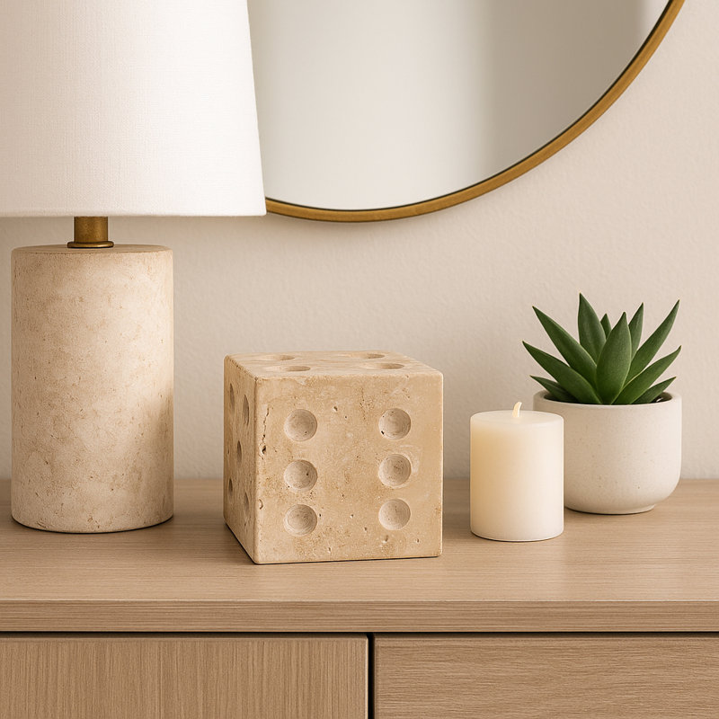Natural Travertine Dice Sculpture For Home Decor - Shelf Or Desk Decorative Object Figurine Statue - Contemporary Decorations For Living Room - 4", Tan