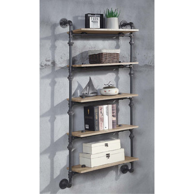 Wall Mounted 5 Tier Floating Shelf With Metal Tube, Oak Finish, Water Pipe Look, Ideal For Office Decor And Storage, 9"W Width, 12" Frame, Style, Home Storage Display, Shelf,