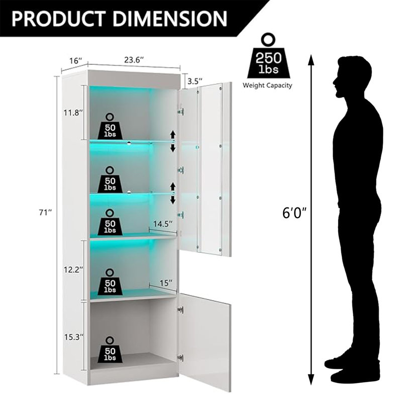 Melinde 71'' H X 23.6'' W 5-Tier Modern High Gloss Led Standard Storage Bookcase,White, White