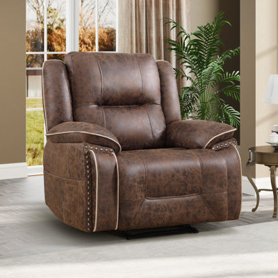 40.2" Wide Classic Comfort Lounge Faux Leather Manual Recliner With Nailhead Trim And Dual Hidden Cup Holders by Lark Manor