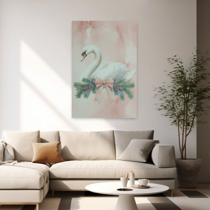 Art contemporain avec joli cygne rose, H 60 po x l 40 po