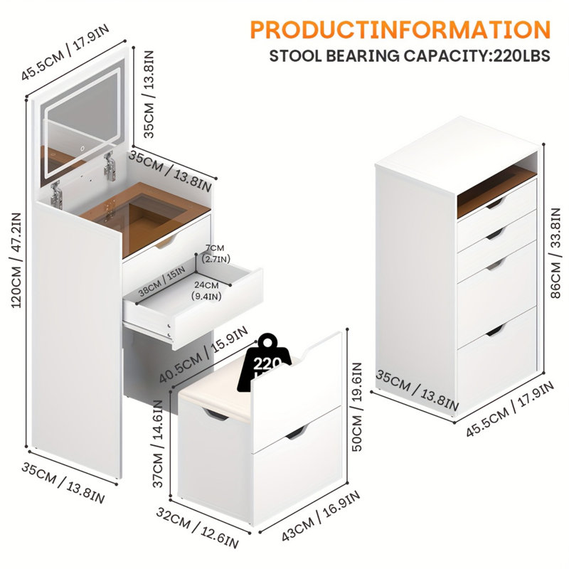 Coiffeuse et tabouret, ensemble de coiffeuse multifonctionnel 3-en-1, comprenant trois modes d'éclairage, miroir HD, deux tiroirs coulissants et tabouret de rangement caché