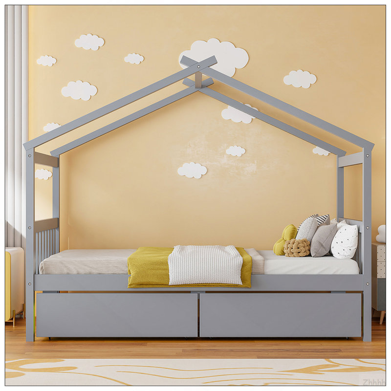 Lit simple en bois avec tiroirs, gris, Grey