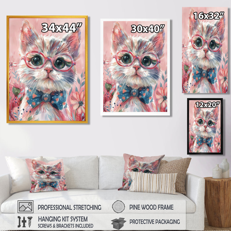 Portrait de chat Intellectual avec lunettes I - art mural chat, H 30 po x l 40 po, Cadre flottant brun