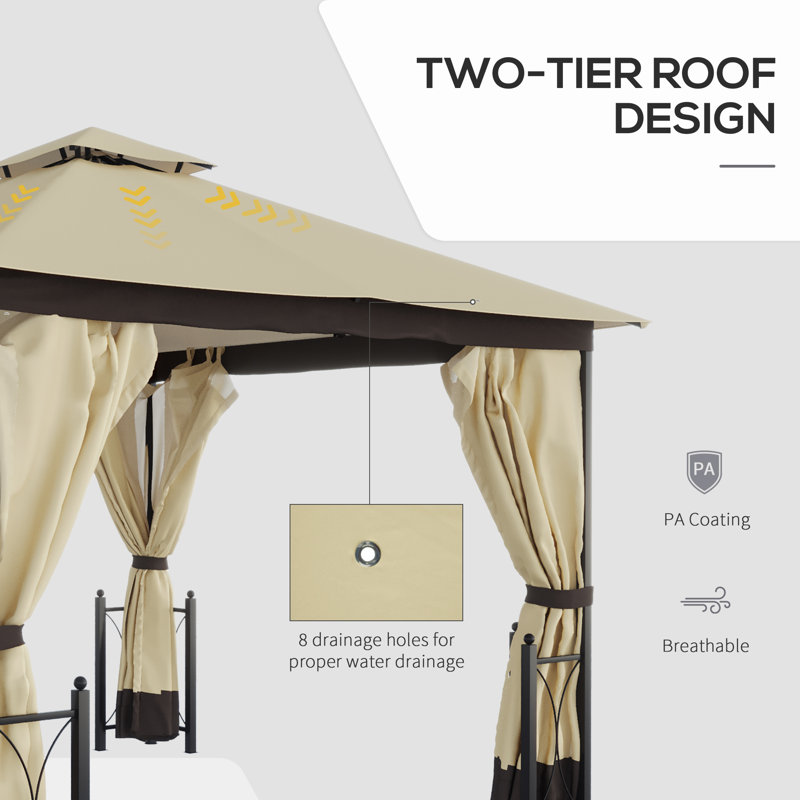 Beige and Black Steel Frame Patio Gazebo with Curtains