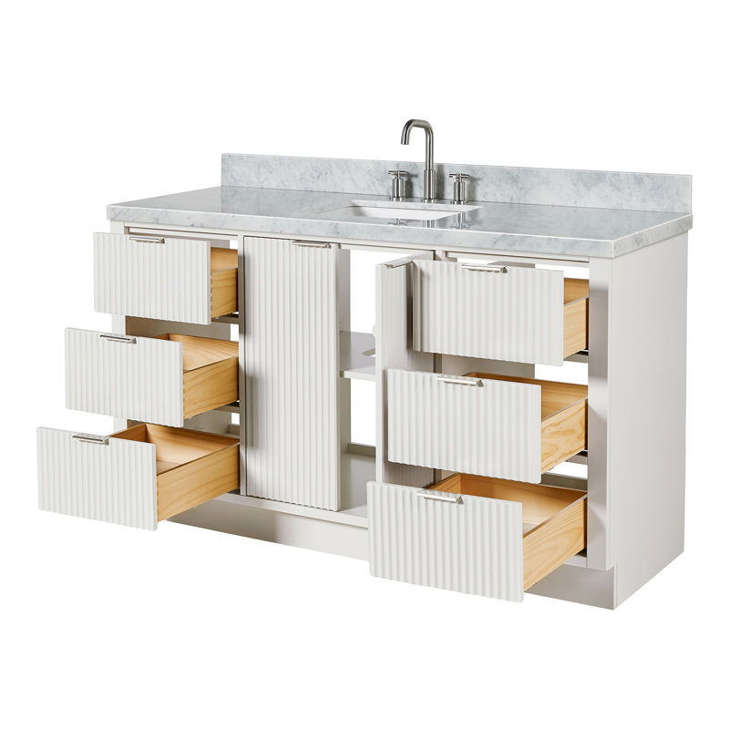Meuble-lavabo simple en bois massif 60 po avec lavabo rectangulaire en marbre blanc de Carrare Haun, Rectangulaire, 61"