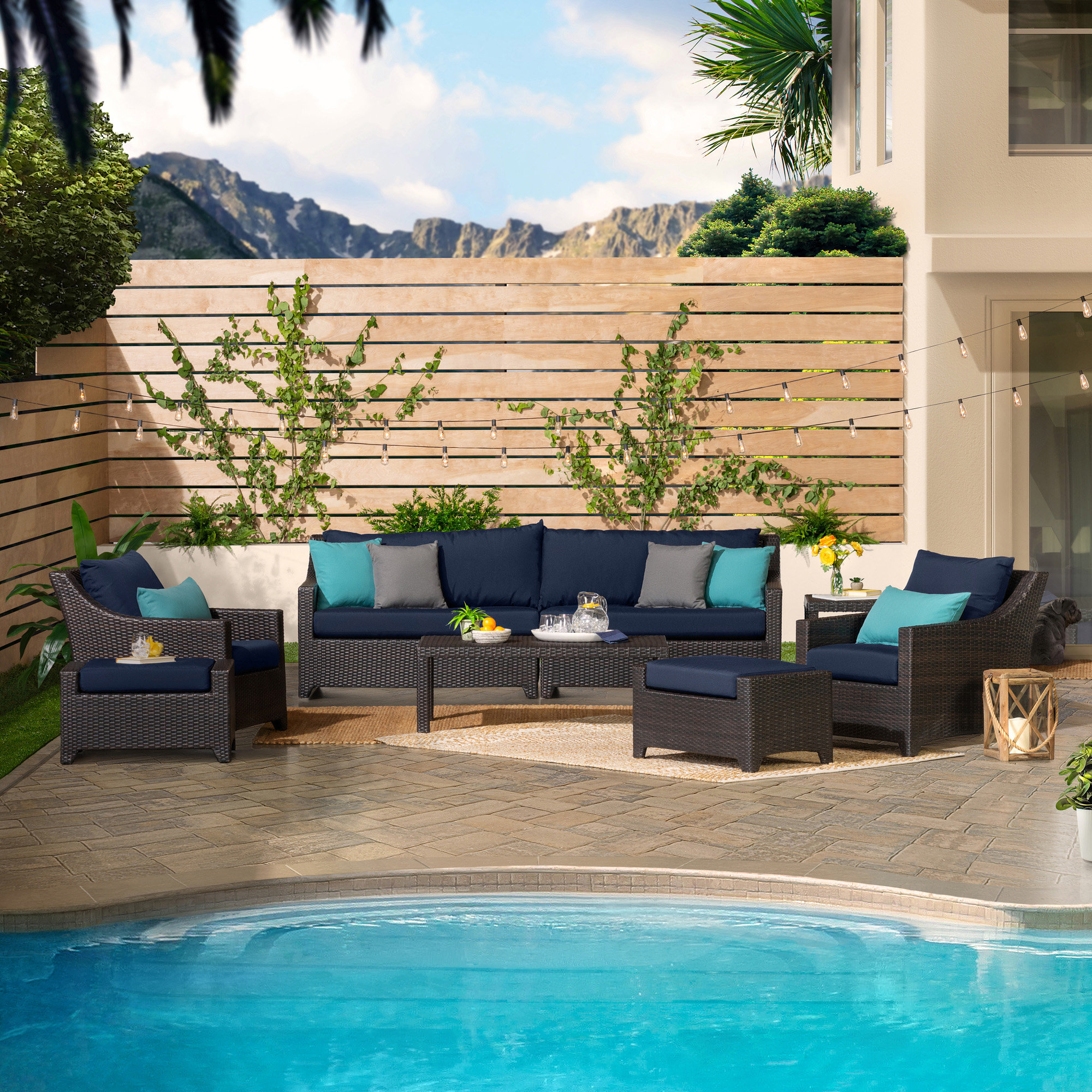 Fionnula 7 Pieces Rattan Sunbrella Sofa Seating Group with Cushions, Navy Twill