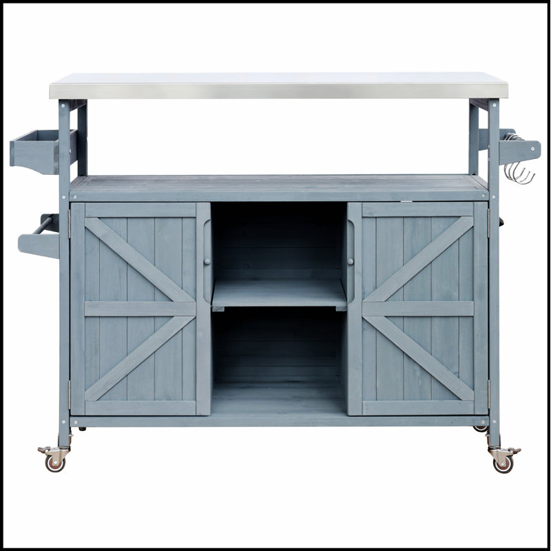 Îlot de cuisine extérieur, chariot à roulettes et armoire de rangement avec plateau en acier inoxydable, support à épices et porte-serviettes pour barbecue