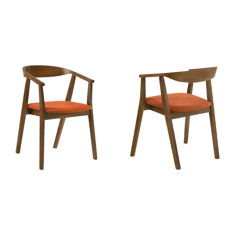Chaises de salle à manger à dossier ouvert avec accoudoirs en bois d'hévéa et tissu Jeyhan, Brun, Orange, 4