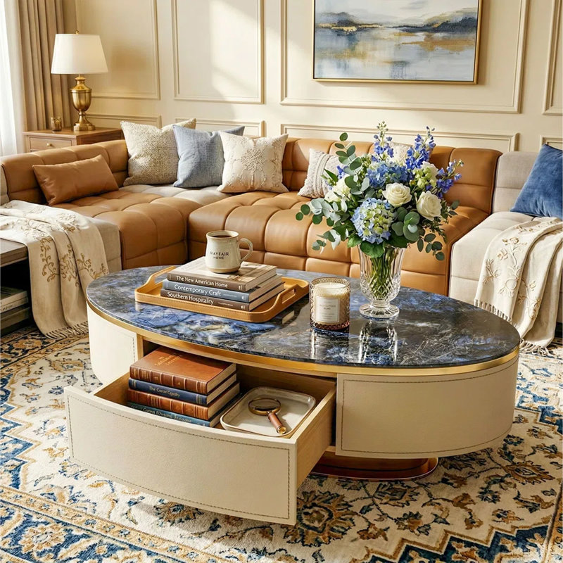 Pre-Assembled Modern Oval Coffee Table, 51.18" Sapphire Top with Cream Faux Leather Cabinet & Gold Base, Hidden Drawer Storage Luxury Coffee Table for Living Room