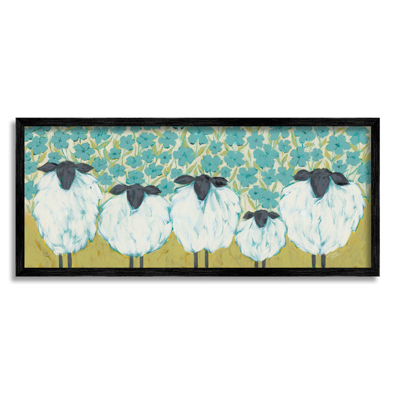 «Sheep Family Blue Daisy», estampe numérique texturée par Michele Norman, Giclée encadrée noir minuit