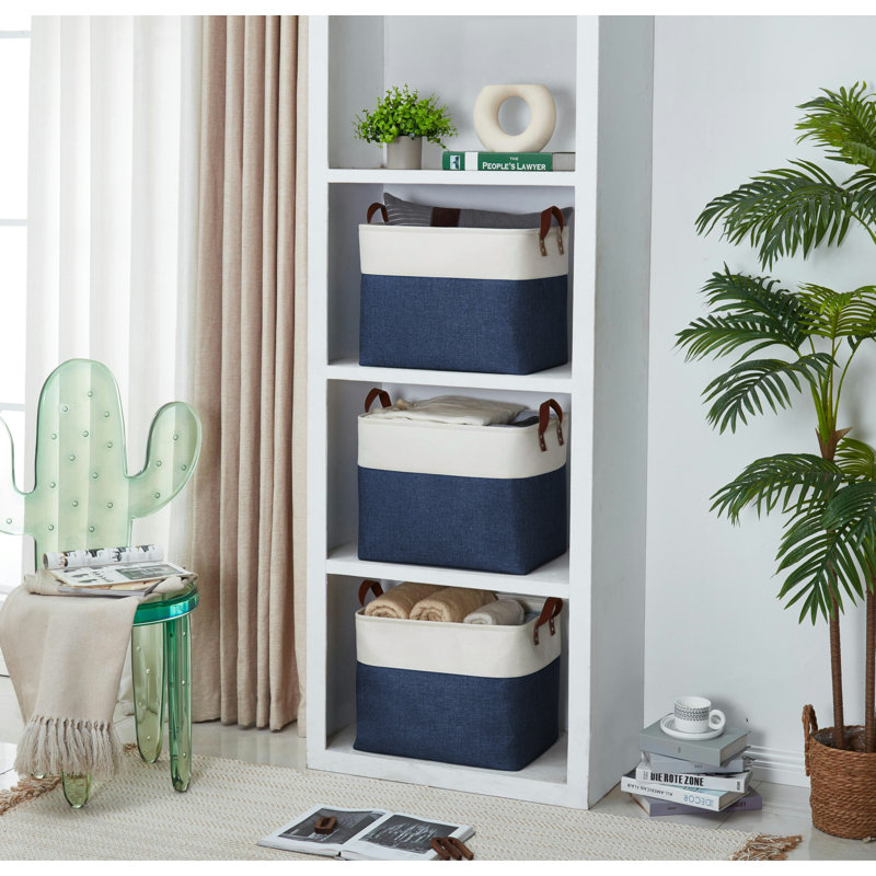 Foldable Storage Bin | Collapsible Sturdy Fabric Storage Basket Container W/Handles, Navy Blue and White