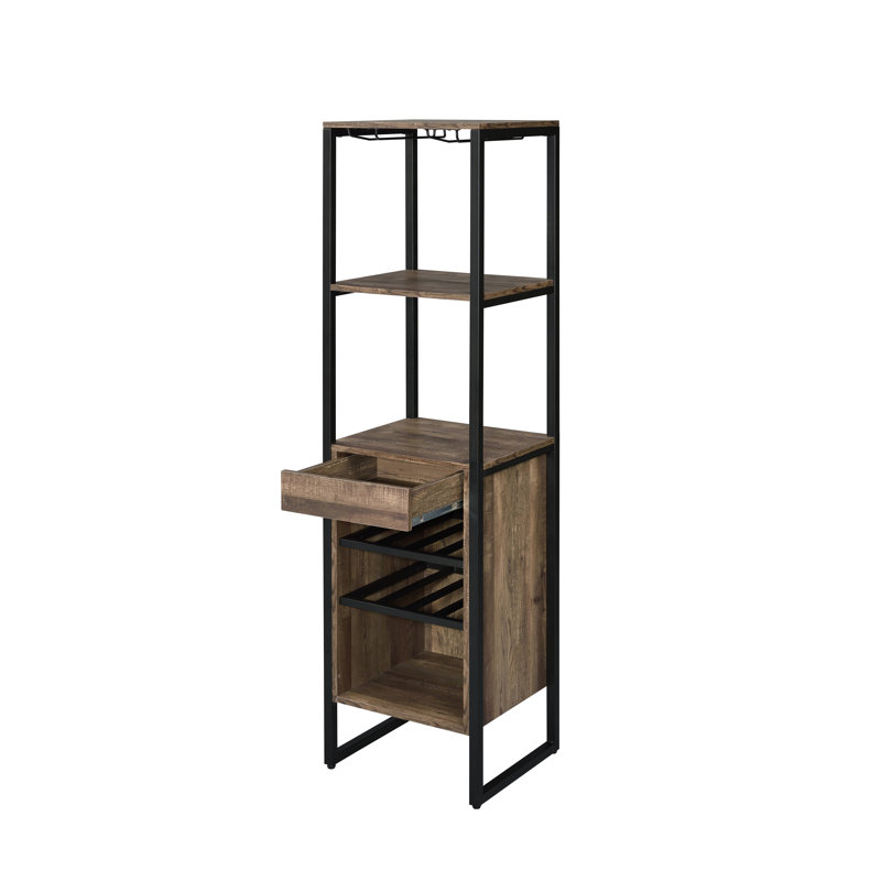 Casier à vin en chêne vieilli et métal noir avec tiroir de rangement et porte-verres à pied