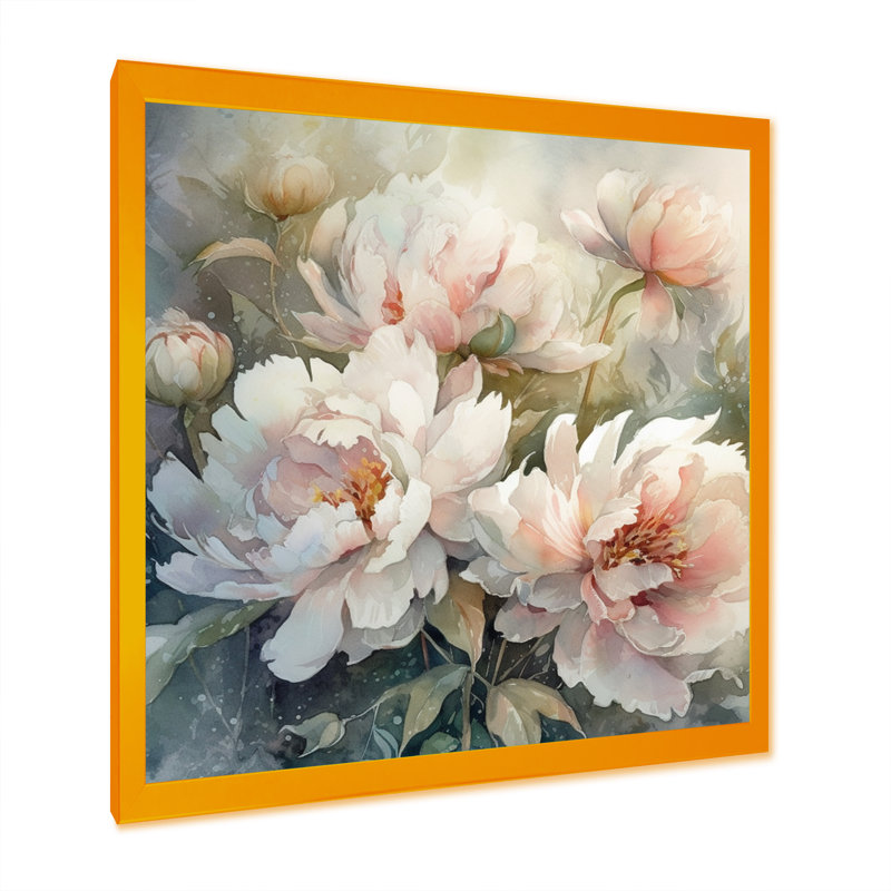 Pivoines roses et vertes sur une branche II - pivoines, art mural, H 16 po x l 16 po x P 1 po, Cadre doré simple