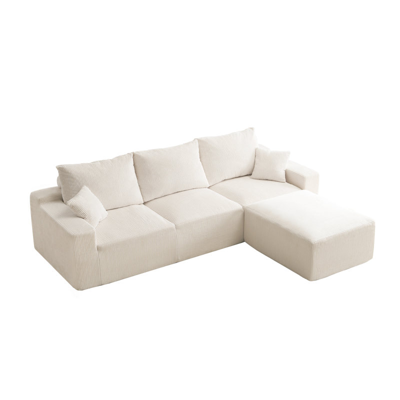 Canapé modulaire en L de 110 po, canapé 3 places à compression complète avec méridienne, sans assemblage requis pour le salon, canapé modulaire à assise profonde ultra-doux (velours côtelé, beige)