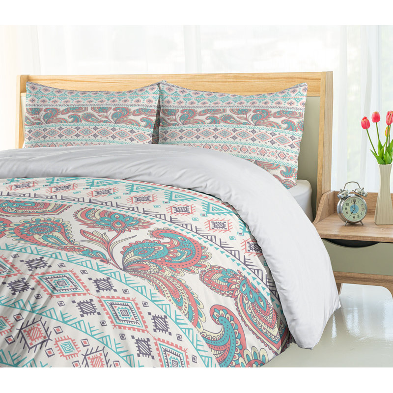 Queen Cream Aqua and Coral Tribal Duvet Cover Set