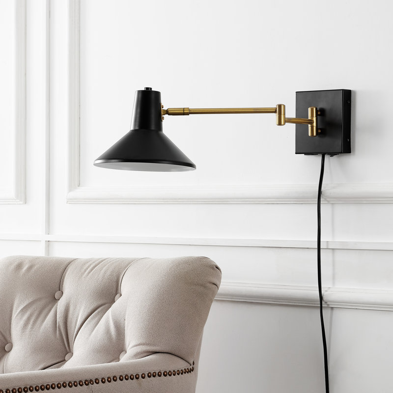 Applique murale portative de charge USB à 1 lumière en fer de style Mid-Century 16 po Jaco, noir / laiton doré, Noir