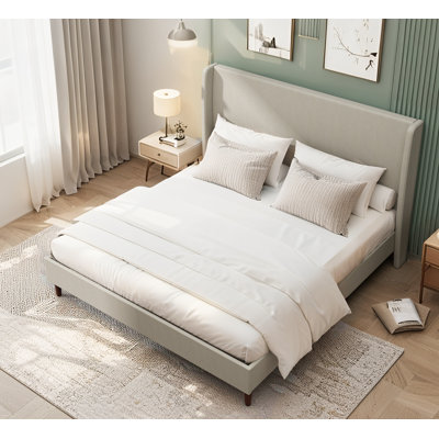 Lit tapissier très grand pour très grande tête de lit - Toile de lin beige, support à 12 lattes, aucun sommier nécessaire