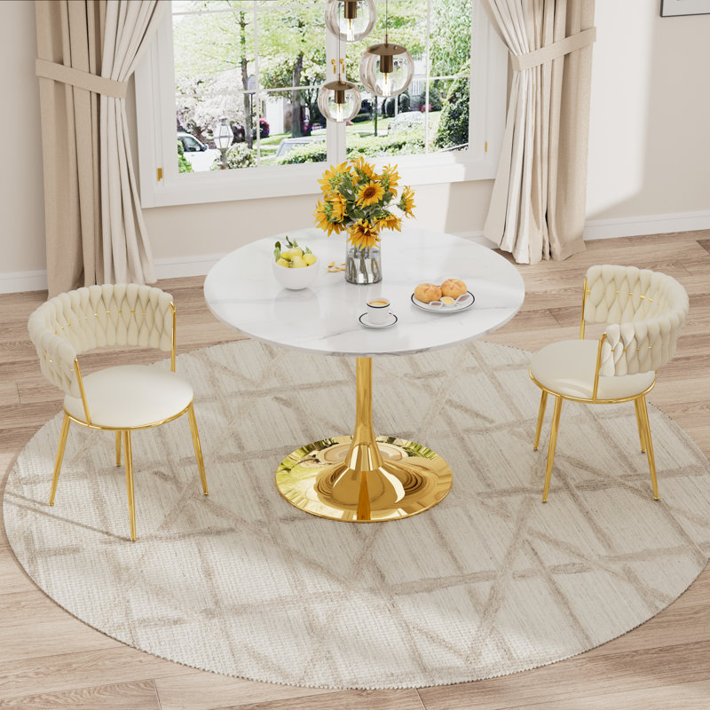 Modern Round Dining Set with Upholstery Weaven Dining Chair, Beige, 3 Pieces: Table, 2 Chairs