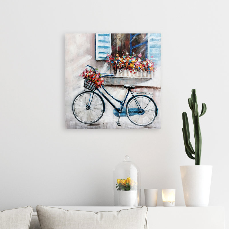 Vélo sous la fenêtre - peinture sur toile tendue, H 20 po x l 20 po x P 1,5 po