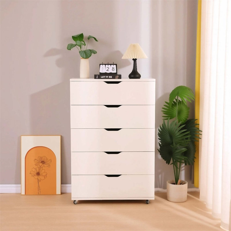 Commode à 5 tiroirs avec roulettes, solution de rangement spacieuse et durable pour les maisons modernes, Blanc