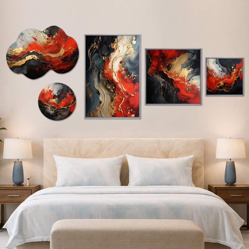 Rouge et or Marble Fire IV - ensemble d'art mural abstrait surdimensionné, toile et métal 5 pièces (100 po x 40 po)