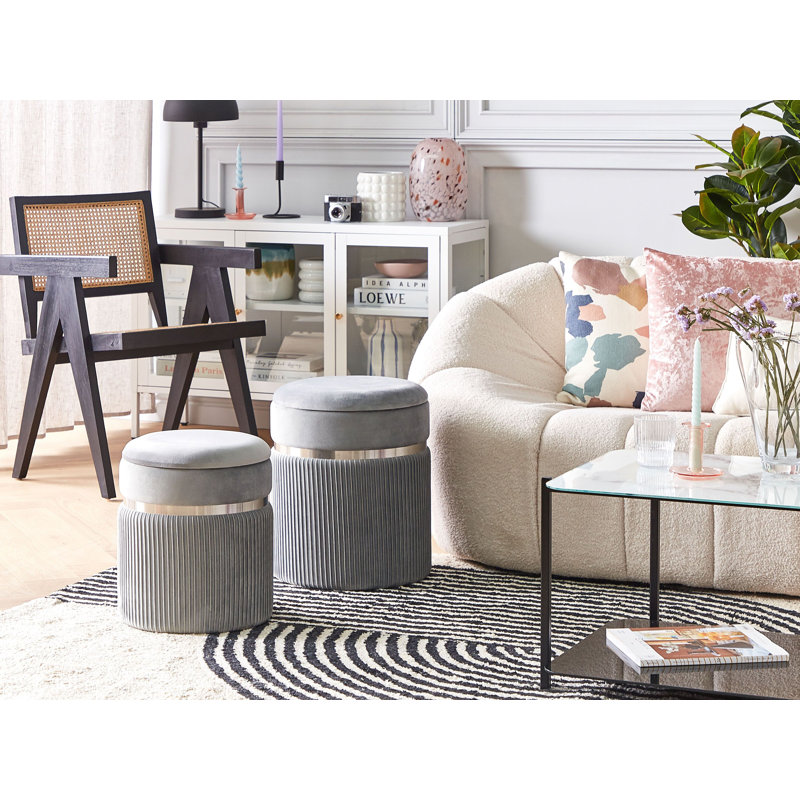 Nedrow Velvet Round Solid Colour Ottoman with Storage, Light Grey
