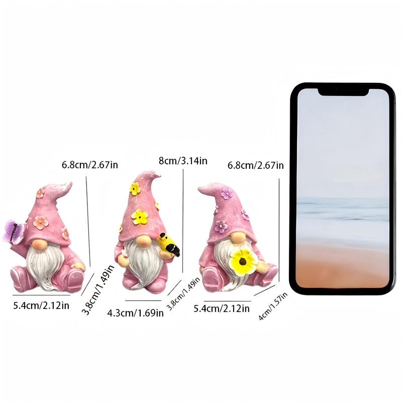 Ensemble de 3 figurines d'extérieur en résine fleurs gnomes printanières, Rose