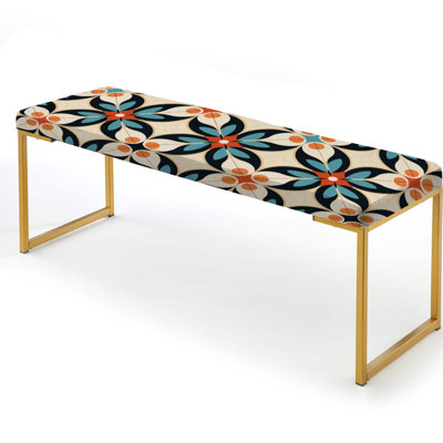 Asian Zen Beige And Orange Tiles - Damask Upholstered Gold Bench