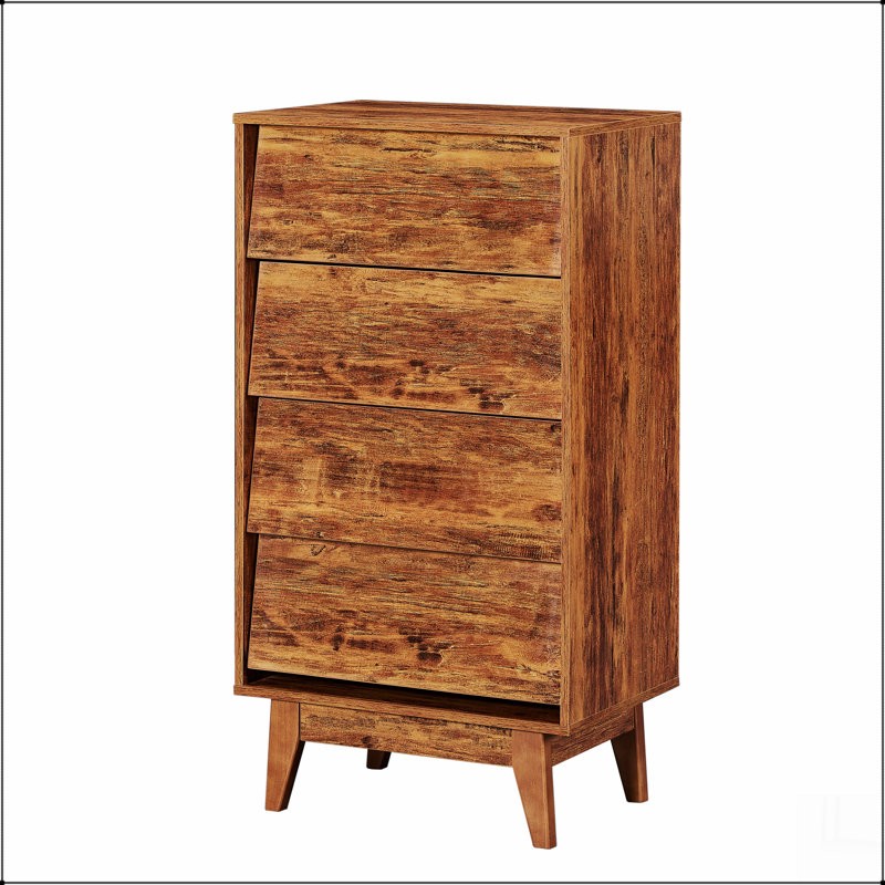 La commode double à 4 tiroirs présente un style rétro et un design biseauté, Brun
