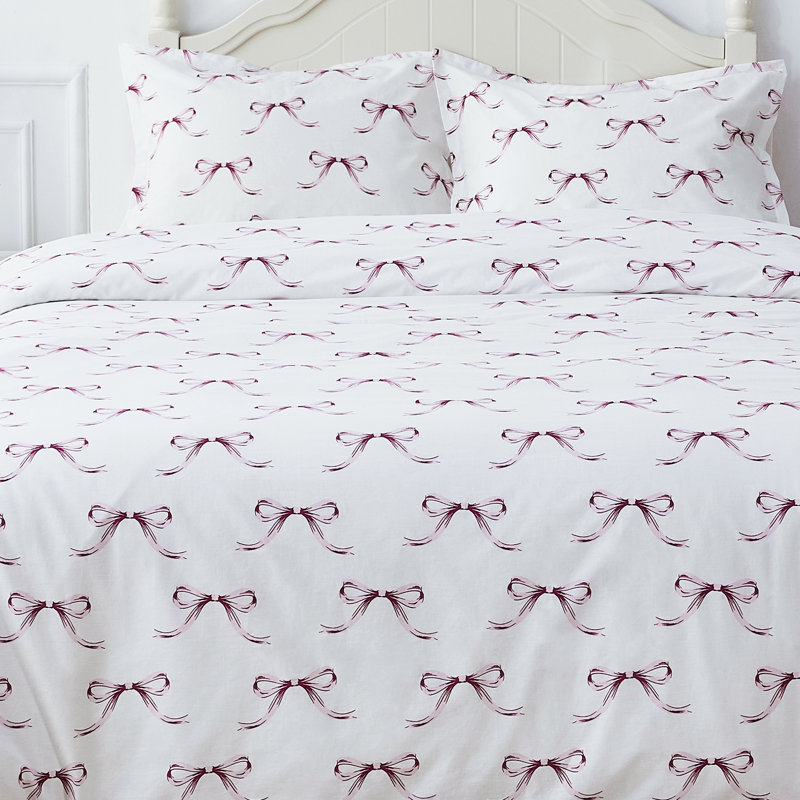 Gentle Ribbons Percale Cotton Duvet Set, Queen Duvet Cover + 2 Standard Shams, Pink