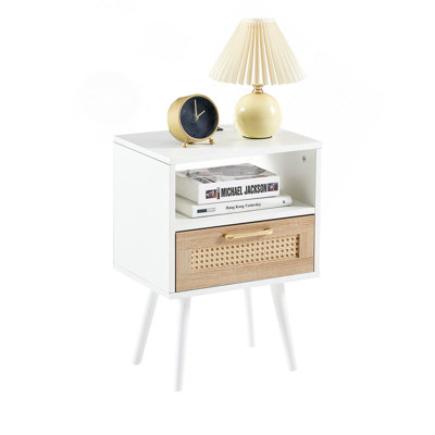 15.75" White Rattan End Table, Modern Nightstand with Drawer, Power Outlet & USB Ports, Solid Wood Legs Side Table