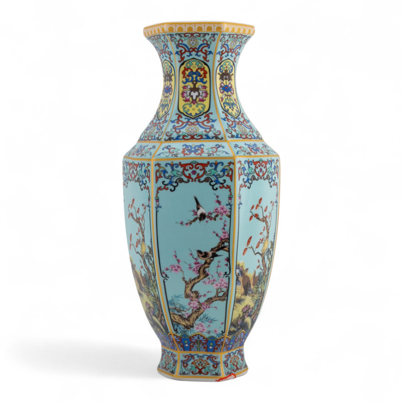 Hexagonal Blue Bird Garden Porcelain Vase