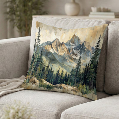 Coussin décoratif Montagnes - Paysage de montagne avec arbres et strates de montagnes - Coussin imprimé
