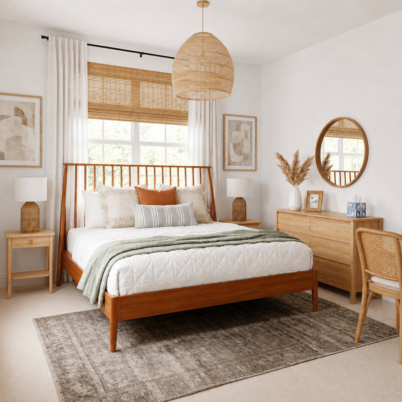 Mid-Century Modern Boho Spindle Platform Bed with 46.5" Tall Headboard,   Solid Bamboo Wood Bed Frame with Wooden Slats & Metal Support, No Box Spring Needed, Brown, King