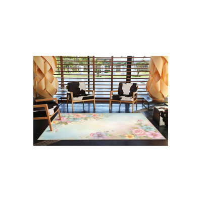 Machine Washable Light Tone Multicolor Floral Flower Rose Patterned Modern Decorative Rug