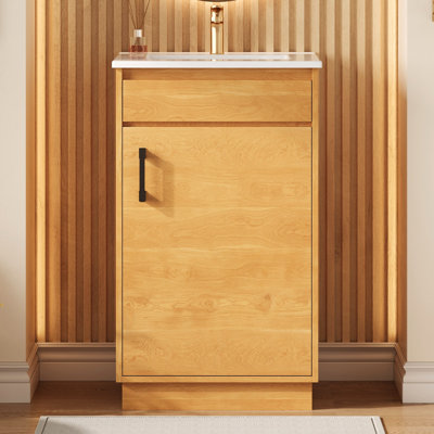 20-Inch Bathroom Vanity With Ceramic Sink, Freestanding Single Vanity Set With Soft Closing Door, Adjustable Shelf, Farmhouse Style, Natural Wood.