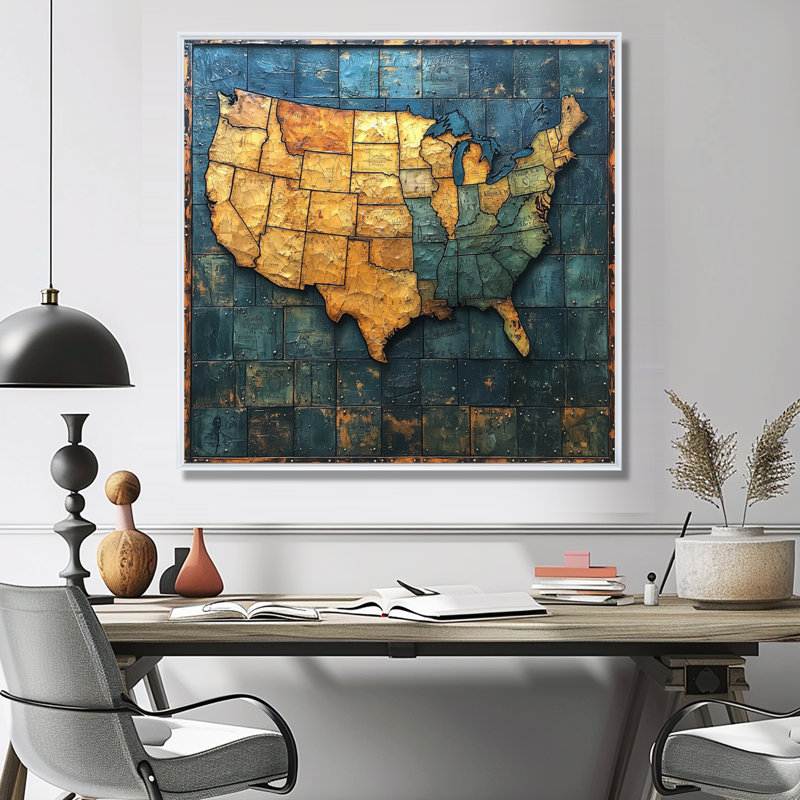 Amirya Vintage 19 Centruy Us Map II - carte des États-Unis, art mural, H 16 po x l 16 po, Impression encadrée flottante