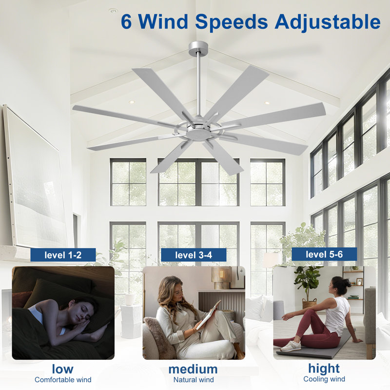 72 Inch Large Ceiling Fan, Modern 8-Blade Silver and Wood Grain Indoor Outdoor Fans with Remote App Control, Quiet DC Motor Reversible 6 Speed Timer(Excluding bulb)