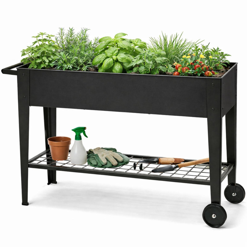 Elevated 40" Raised Garden Bed Outdoor with Wheels & Shelf for Mobility, Metal Planter Box for Vegetables/Herbs, Patio-Balcony-Backyard - Sage Green