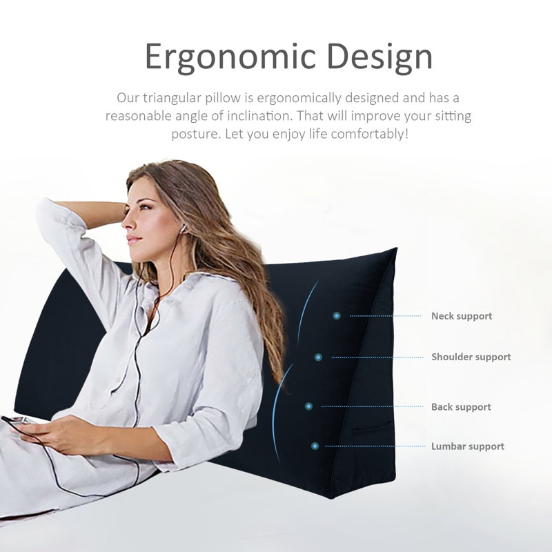 Sit-up Back Comfort Triangular Puffy Velvet Headboard Wedge Reading Pillow for Back Support uplift Compression, Queen, Black