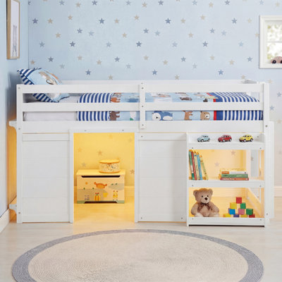  Lit mezzanine simple avec lumières DEL et 2 portes sous le lit et tablettes pour enfants - blanc