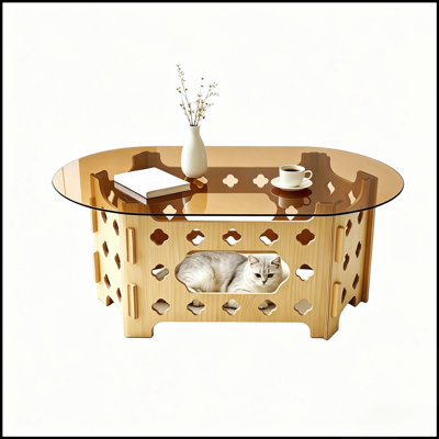 Table basse ovale de 98 cm (38,6 po) avec plateau en verre trempé caramel, piètement en bois sculpté ajouré, idéale pour une décoration moderne ou champêtre. Montage facile.