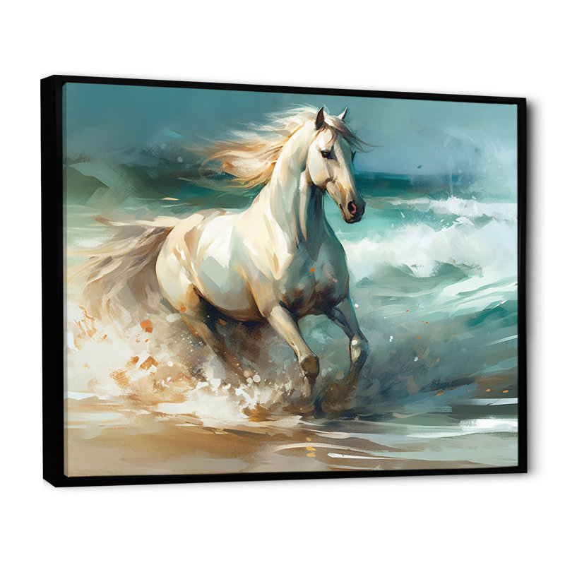 Cheval sur la plage II - art mural cheval pour le salon, Cadre flottant noir, H 12 po x l 20 po