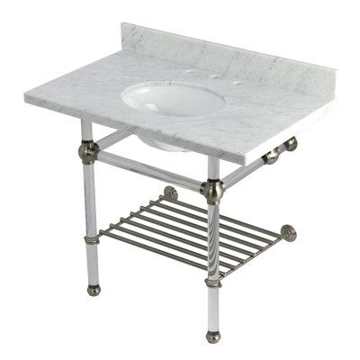 Kingston Brass Templeton 36-Inch Carrara Marble Console Sink with Acrylic Legs and Shelf (8-Inch, 3-Hole)