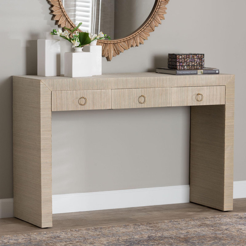Bali & Pari Cielo Bohemian Woven Natural Grasscloth 3-Drawer Console Table