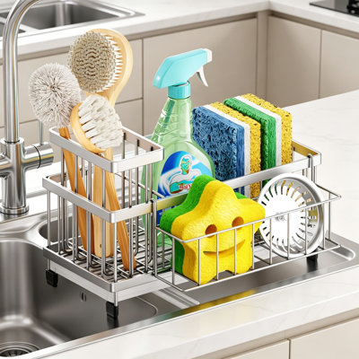 Porte-éponge en acier inoxydable avec plateau de vidange automatique à 360 ° - Organisateur de cuisine antirouille pour éponges, brosses et savon - Solution de rangement de comptoir multifonctionnelle
