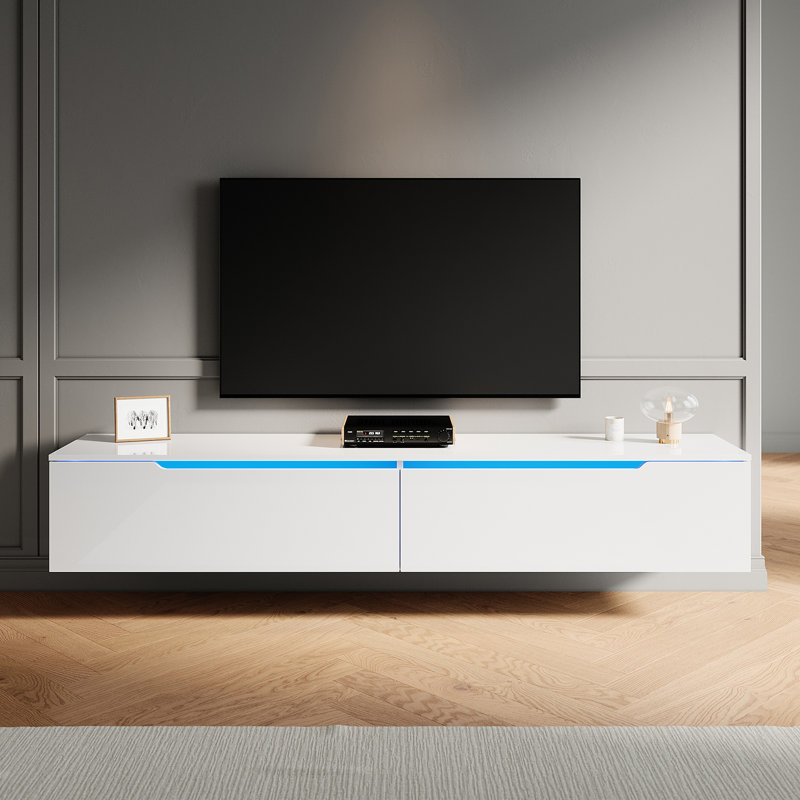 Floating TV Cabinet with RGB LED Light, Wall Mounted TV Stand, Soft Close Flip Doors Cable Hole, 30cm H x 180cm W x 35cm D