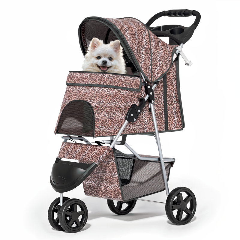 Foldable Pet Stroller, 3 Wheels Folding Carrier Jogger Stroller for Dogs Cats with Canopy and DIY Stickers, Brown/Leopard